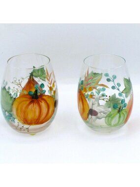 Hand-Painted Pumpkin & Leaf Stemless Wine Glasses Set Of 2 Fall-Themed Drinkware